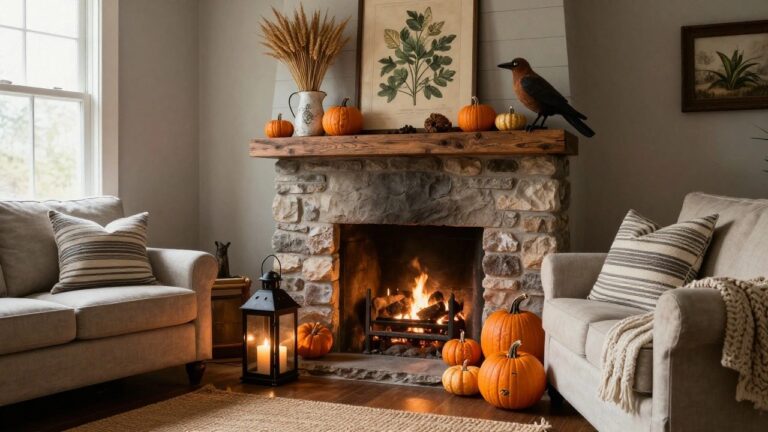 Cozy living room corner featuring a wooden ladder shelf with plaid blanket and small pumpkins, beige sofa with pillows, white shiplap fireplace with wood mantle, clustered orange pumpkins, galvanized bucket with wheat, and wooden side table with tea tray on hardwood floor.