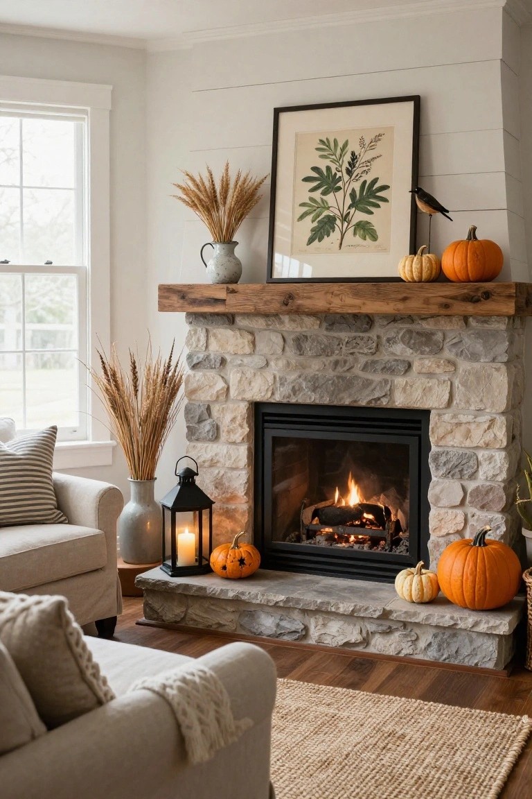 Cozy living room corner featuring a wooden ladder shelf with plaid blanket and small pumpkins, beige sofa with pillows, white shiplap fireplace with wood mantle, clustered orange pumpkins, galvanized bucket with wheat, and wooden side table with tea tray on hardwood floor.
