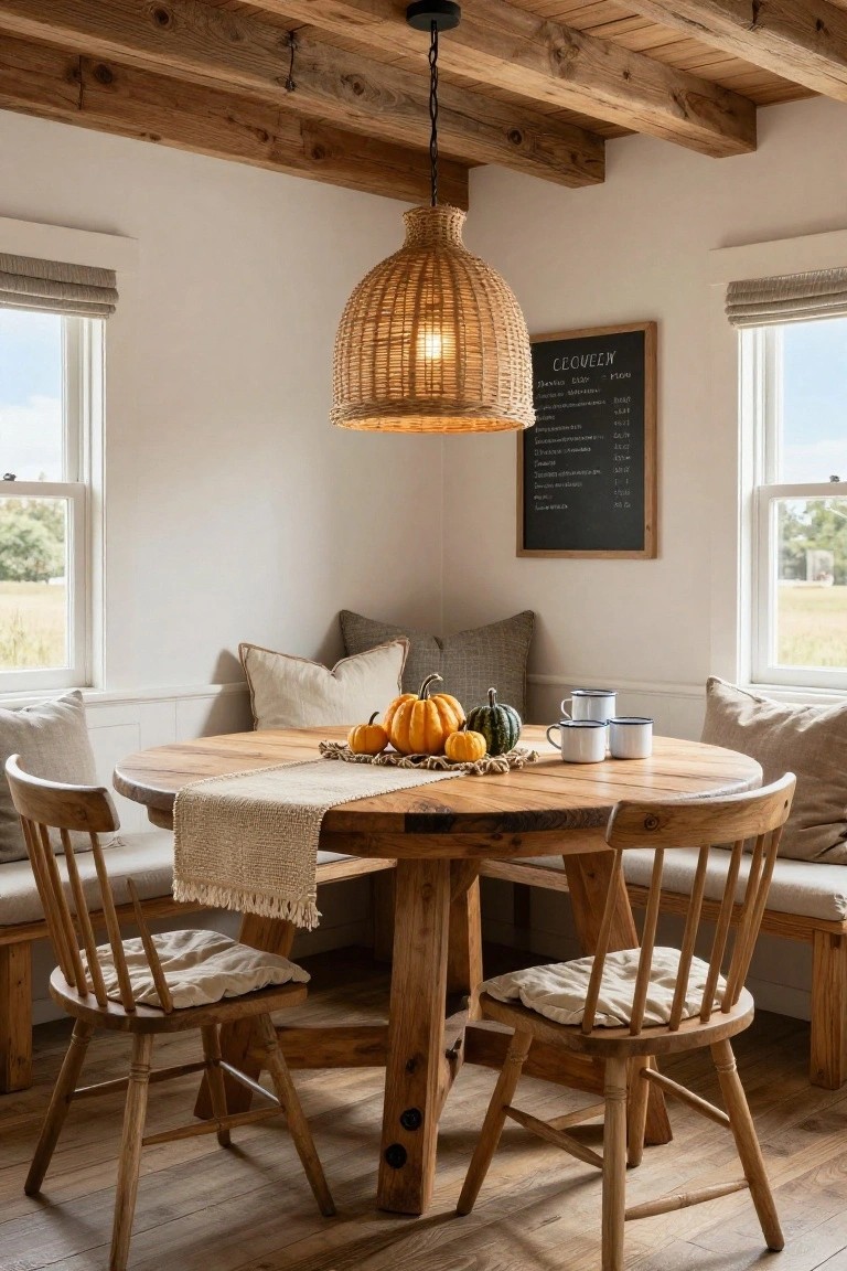White laundry room with front-loading washer, open shelves holding folded linens and towels, galvanized tin of wool balls, small pumpkin on shelf, black utility sink with brass faucet, plaid towel hanging on rack, and wooden stool with basket.