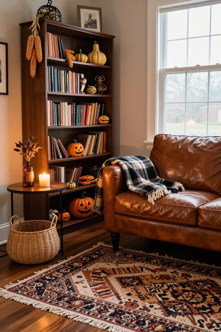 Wooden bathroom vanity with white sink, gold faucets, carved white pumpkin, amber glass dispenser, snake plant in gray pot, plaid towel on side, and stacked white towels on open shelves below.