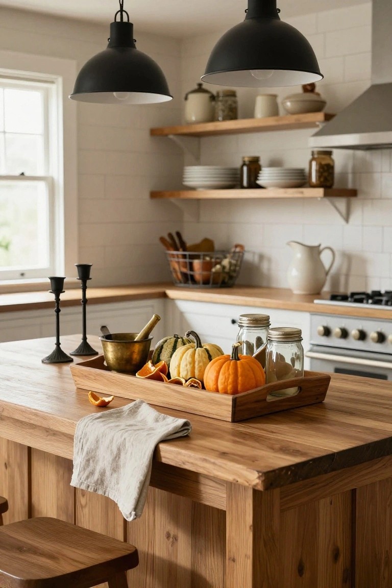 Wooden console table with mirror above, decorated with wheat stalks in vase, basket of pumpkins, plaid towel, 'Harvest' signs, candles, and lower basket with pumpkin, in beige interior entryway.