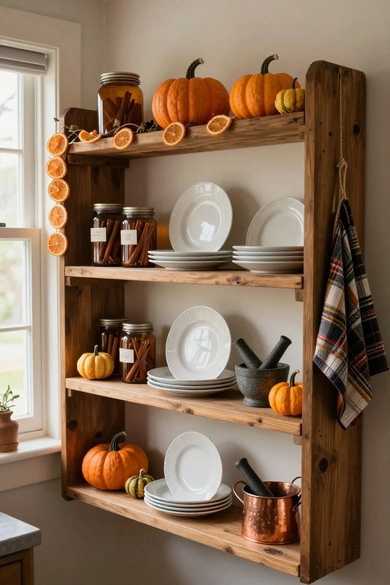 Kitchen corner with wooden floating counter under a large window, two wooden stools, fall decor including pumpkins, pinecones, jars of spices, copper mugs, candles, apples in a basket, and warm lantern light.
