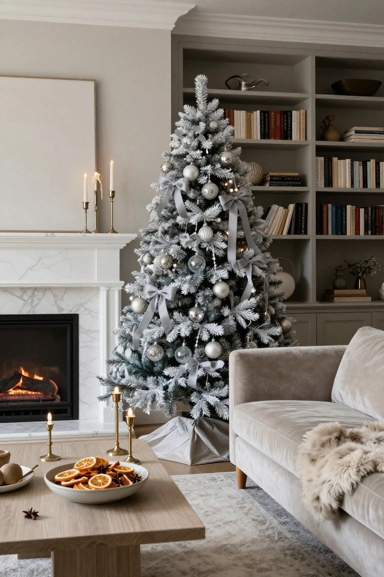 Living room with a tall flocked white artificial Christmas tree decorated in silver and white ornaments and ribbons, positioned next to a lit marble fireplace, neutral gray sofa with fur throw, wooden coffee table holding sliced oranges and star anise, and built-in bookshelves.