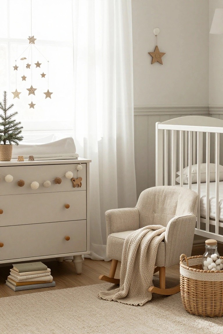 Neutral nursery room with white crib, changing table dresser topped by small potted Christmas tree in basket, wooden star mobile hanging by window, beige rocking chair with throw, stack of books, and wicker basket on light wood floor with beige rug.