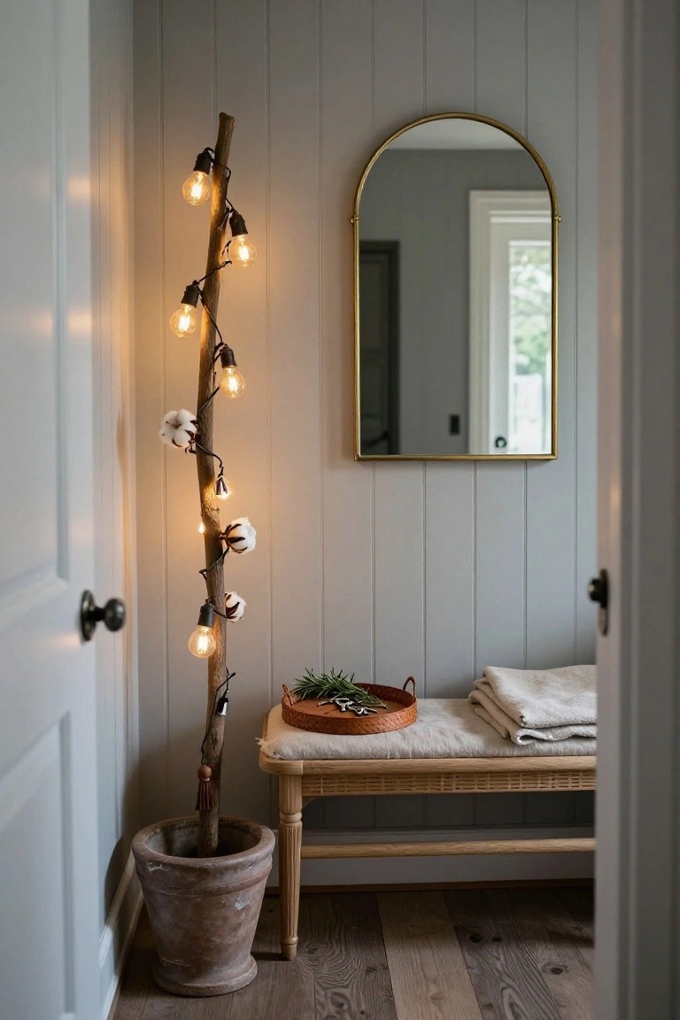 Tall natural branch floor lamp in a terracotta pot strung with warm bulb lights and cotton bolls next to a wooden bench with linen throws and a potted plant tray in a gray paneled room with a gold arched mirror.
