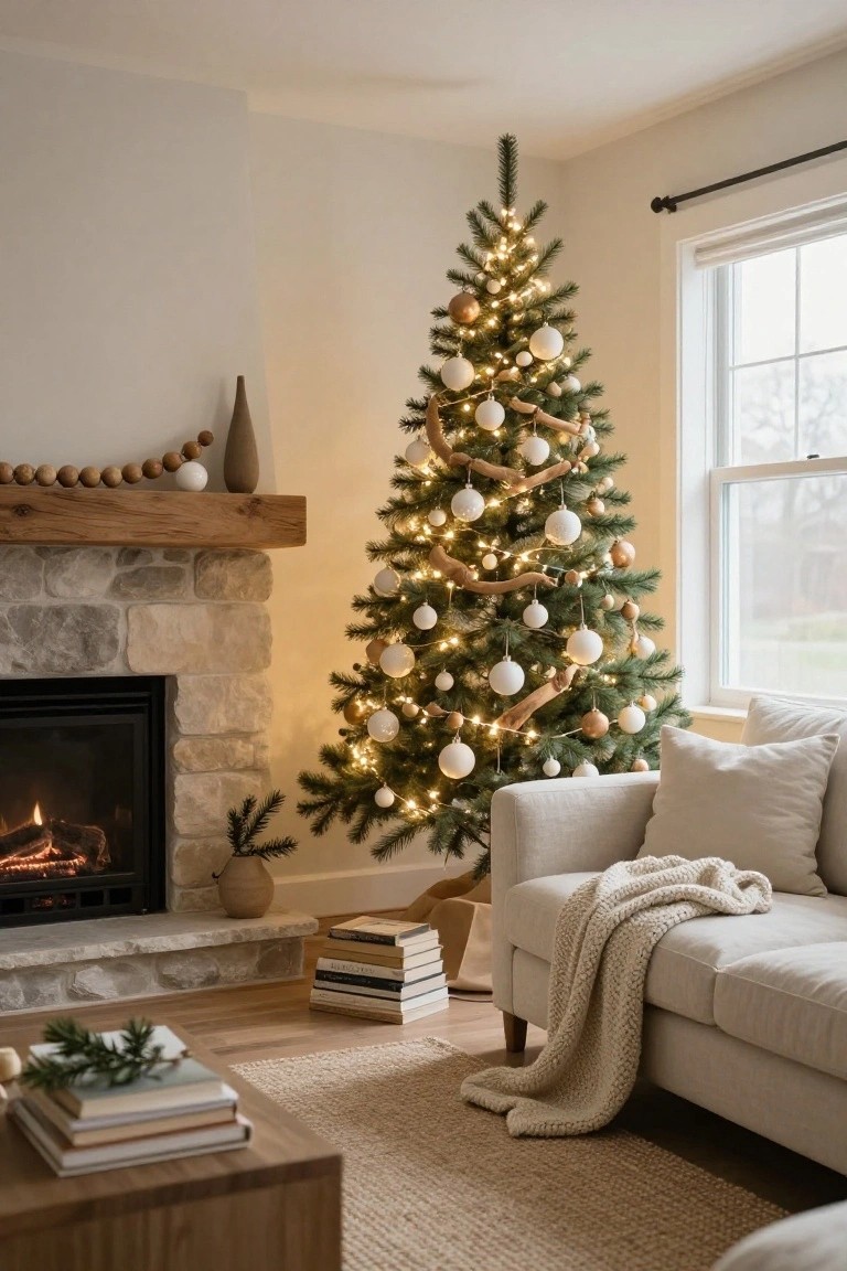 Living room corner featuring a Christmas tree with white, beige, and gold ornaments, wood garlands, and string lights, next to a stone fireplace with fire lit, a cream sofa with throw blanket, wooden coffee table with stacked books, and neutral rug.