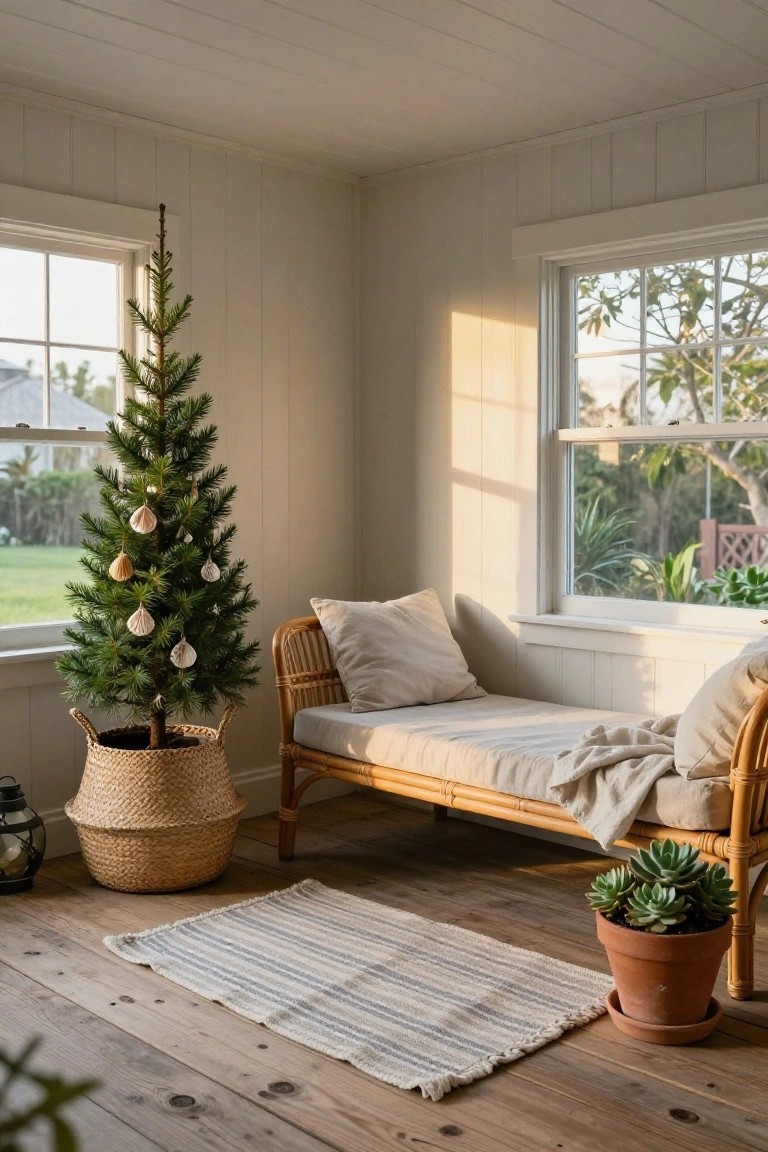 Small potted Christmas tree decorated with white seashell ornaments next to a rattan daybed with beige cushions in a white paneled room with large windows and wooden floors.
