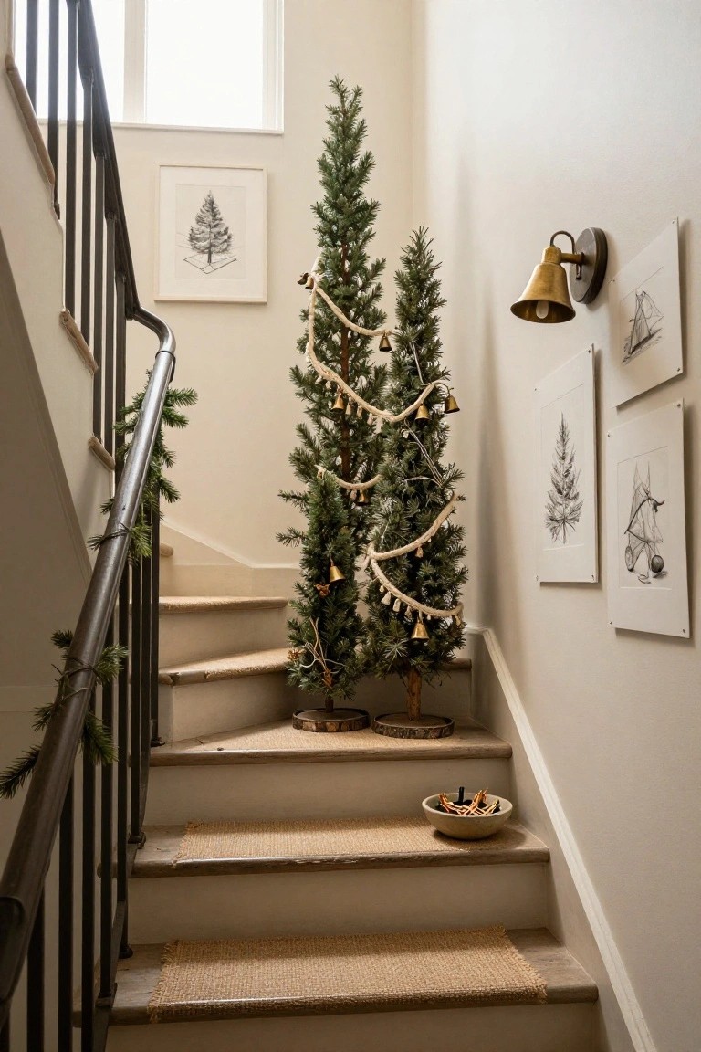 Two slim artificial Christmas trees at the base of a light-colored staircase with black metal railings, decorated with beige garland strung with brass bells, next to neutral walls displaying framed line drawings.