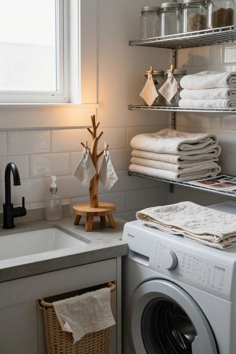 White laundry room with sink, front-loading washing machine, wire shelves holding glass jars and stacked white towels, wooden tree-shaped stand with linen cloths by the sink, and a wicker basket with laundry.