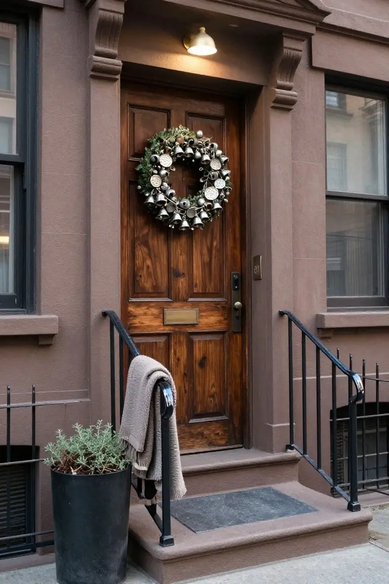 Brownstone front door with wooden panels decorated by a large Christmas wreath of greenery, silver bells, and round metallic ornaments, plus a beige blanket draped on black metal railing and a black potted plant nearby.