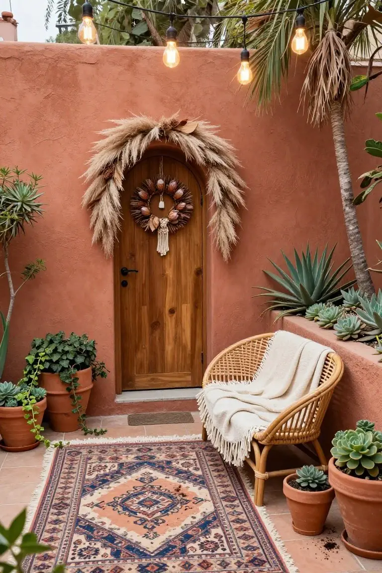 Arched wooden door in terracotta wall with large wreath of pampas grass, pinecones, shells, and fringe, flanked by potted plants, rattan chair with white blanket, Persian rug, string lights overhead, and succulents.