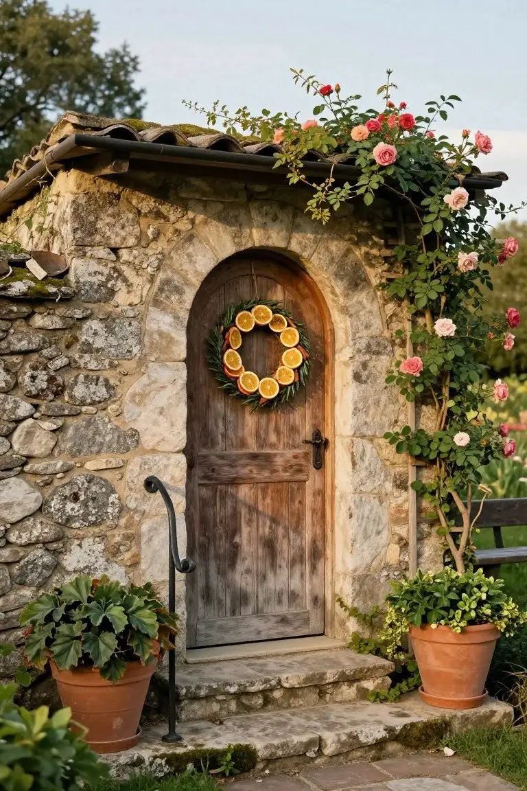 Arched wooden door set in a stone wall with a wreath of dried orange slices, cinnamon sticks, and greenery hanging on it, flanked by climbing roses and potted plants in terracotta pots.