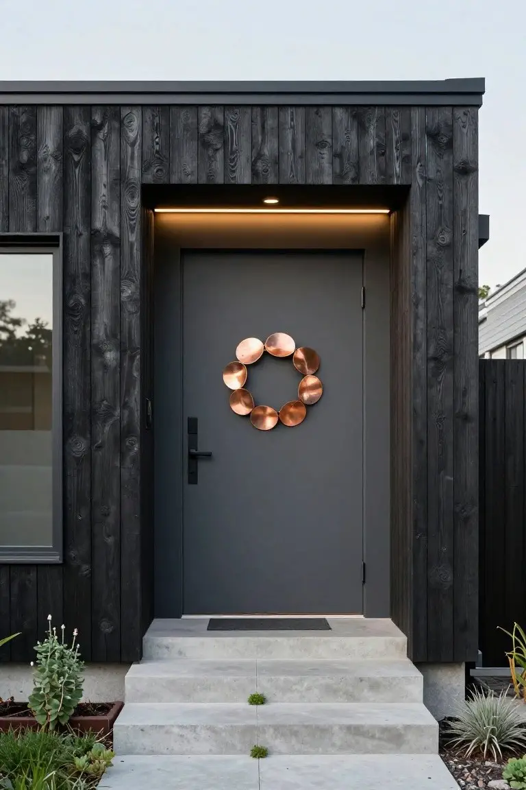 Black charred wood clad modern house exterior with a dark gray front door centered under a lit recess, decorated with a circular wreath of copper discs, flanked by a narrow window, concrete steps, and low succulent plants in pots.