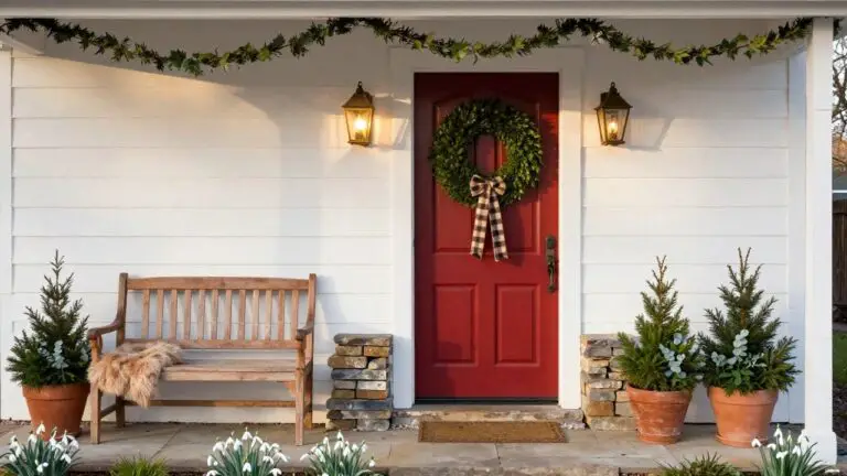 White clapboard house exterior featuring a red front door with a large evergreen wreath accented by a black-and-white plaid bow, flanked by brass lanterns, garland swag, potted small Christmas trees, snowdrops, and a light brown fur rug on stone steps.