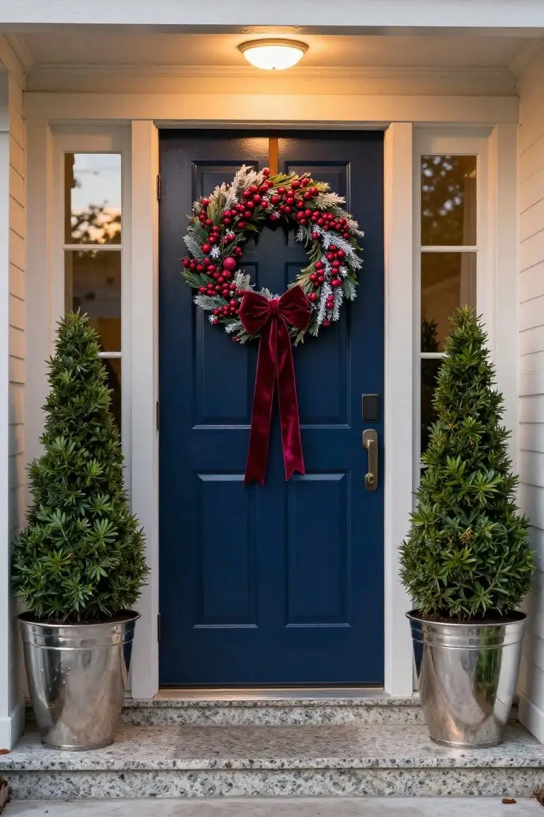 Navy blue front door with a large Christmas wreath of flocked evergreen branches, red berries, and a large red satin bow, flanked by two potted conical evergreen trees in silver metal buckets on granite steps under a lit porch light.