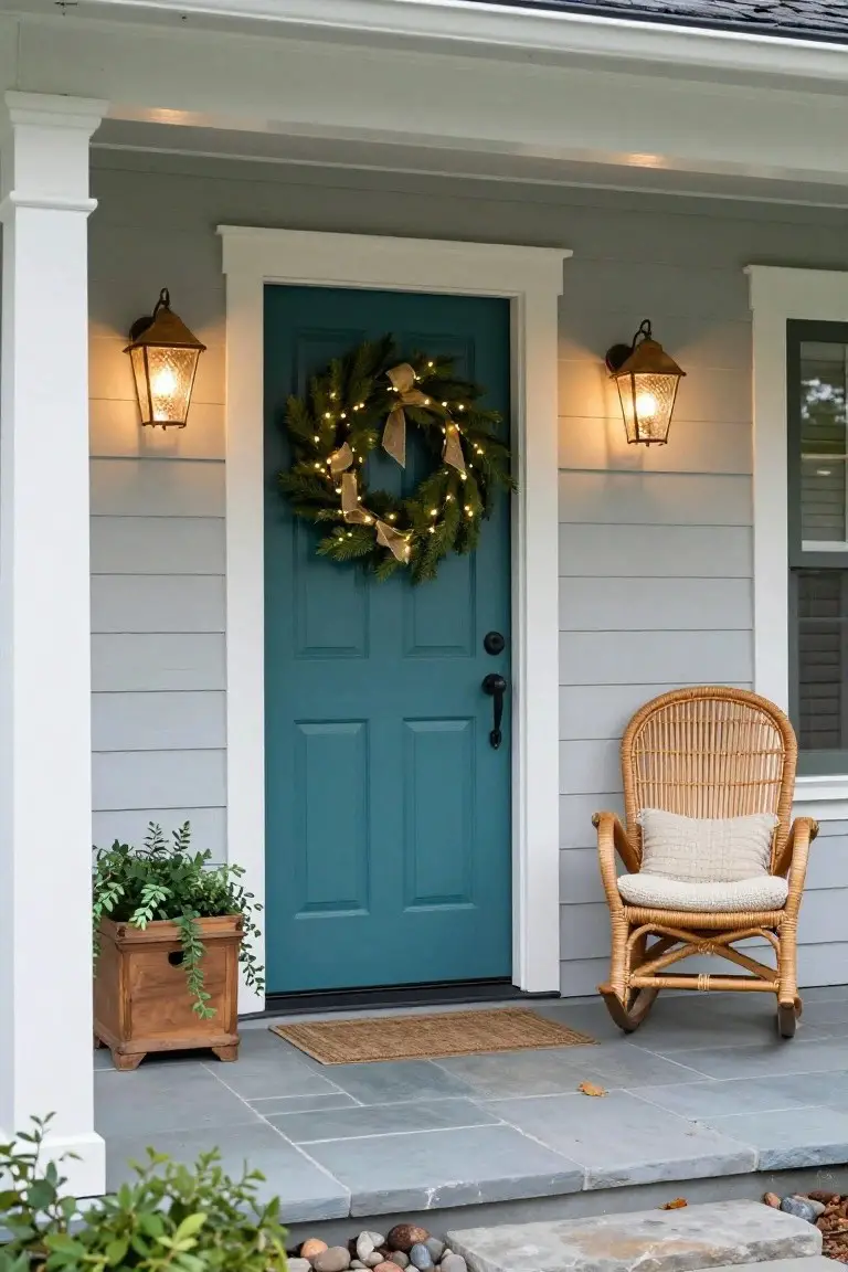 Gray clapboard house exterior featuring a teal paneled front door with a lit evergreen Christmas wreath and gold ribbon bow, flanked by copper lanterns, a wooden planter with greenery, a wicker rocking chair with cushion, seagrass doormat, and slate porch steps with stone edging.