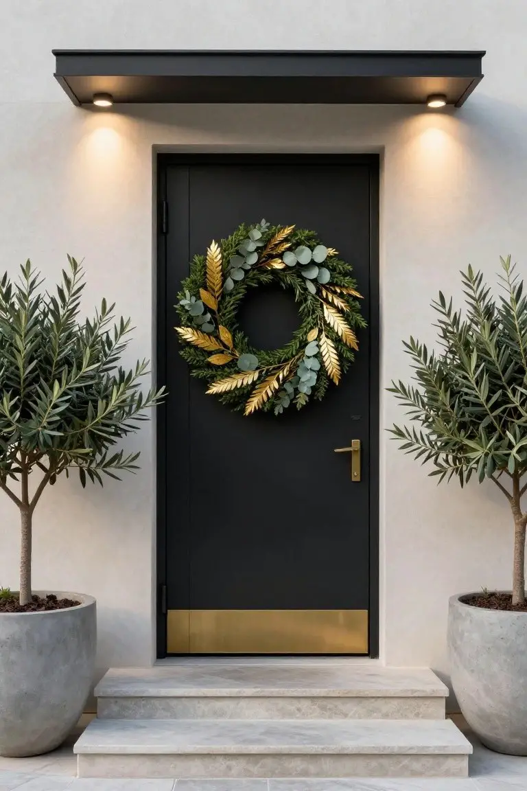 Black front door on a white exterior wall with a large Christmas wreath of green eucalyptus leaves and gold accents, flanked by two potted olive trees in gray pots on stone steps.