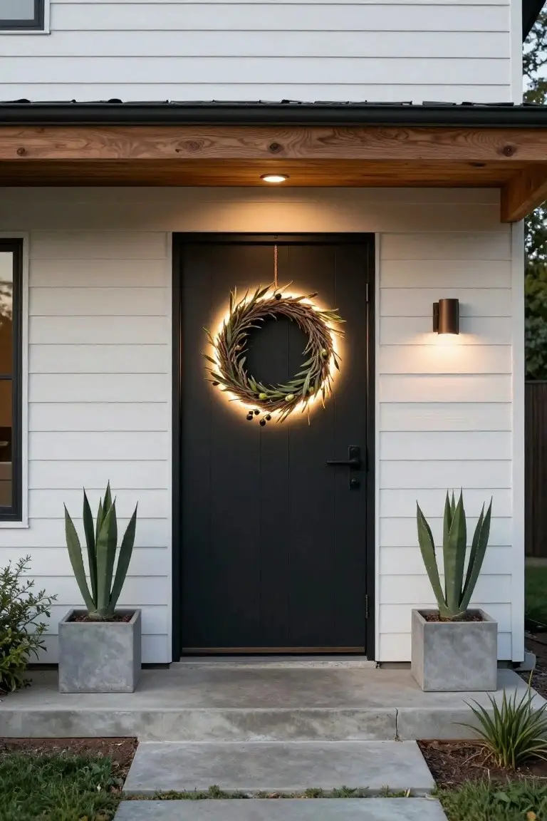 White clapboard house exterior featuring a black front door under a wooden porch overhang, decorated with a circular olive leaf wreath illuminated by white LED lights, flanked by two large potted yucca plants on a concrete entry step.