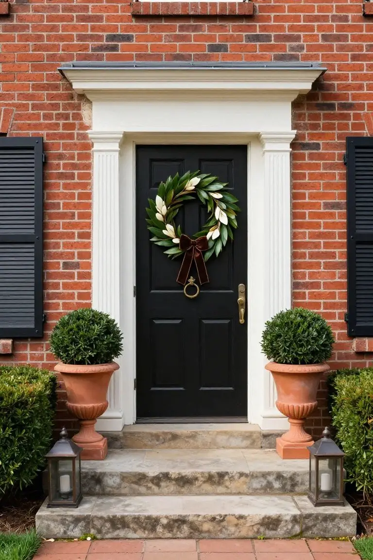 Brick house exterior with black front door centered under white trim and columns, decorated with a large magnolia leaf Christmas wreath having white flowers and bronze bow, flanked by terracotta pots holding boxwood topiaries and bronze lanterns on stone steps leading to a brick path.
