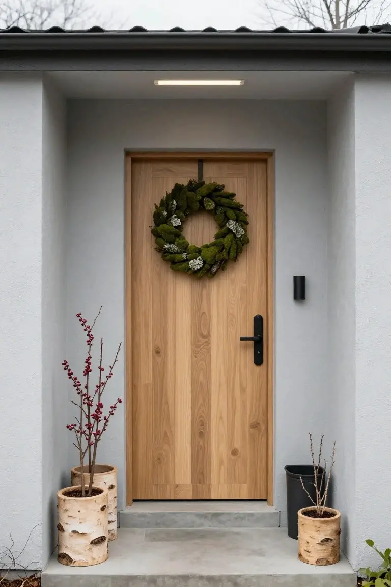 Front entrance with light wooden door decorated by a circular green moss wreath with white flowers, flanked by two birch-bark pots holding red-berried branches on the left and bare twigs on the right, plus a black outdoor light and black planters nearby.