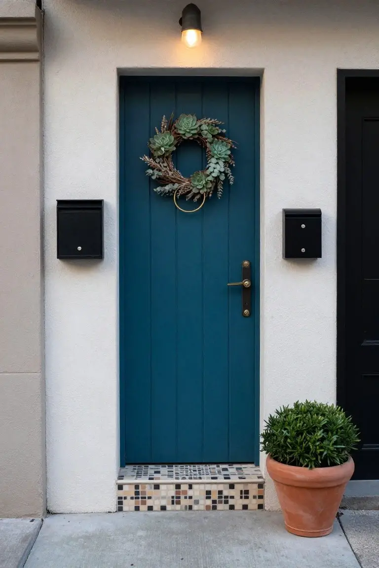 Navy blue front door with a wreath of green succulents and dried eucalyptus, black mailboxes on white walls, brass door handle, mosaic tile steps, and terracotta pot with bushy plant.