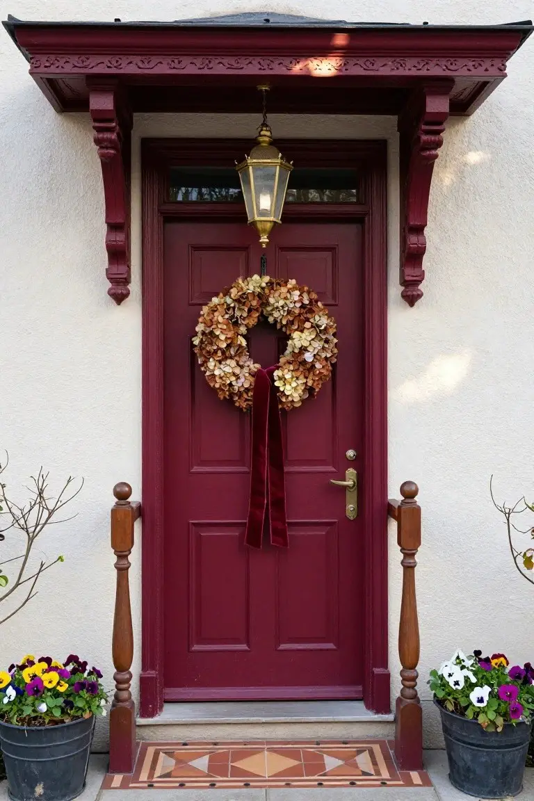 Burgundy paneled front door on a white stucco house, decorated with a large wreath of dried beige and orange hydrangeas tied by a matching burgundy velvet ribbon, brass lantern above, wooden porch posts, and potted pansy plants on each side.