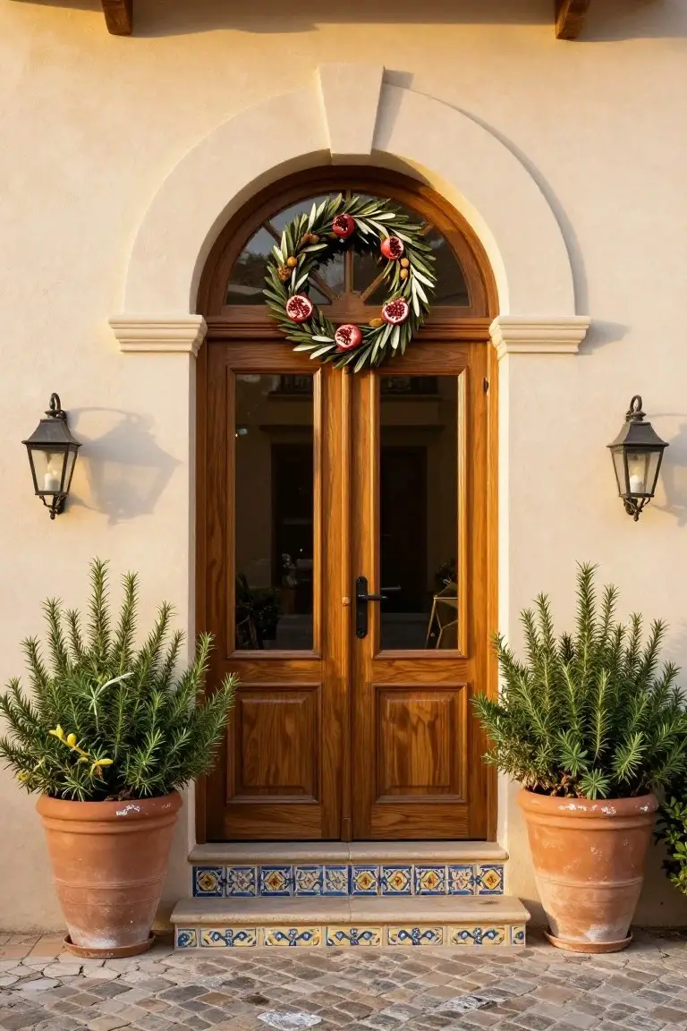 Arched wooden front door with glass panels decorated by an olive branch wreath featuring pomegranates and nuts, flanked by black lanterns and terracotta pots of rosemary plants on tiled steps with cobblestone paving.