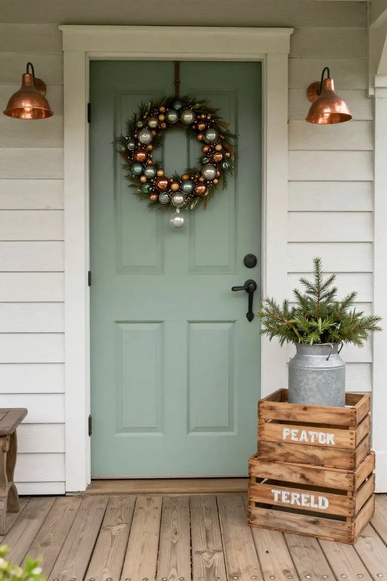 Teal front door on white shiplap house with Christmas wreath of greenery and mixed metallic ornaments including copper, gold, silver, and blue balls, flanked by copper wall lanterns, small potted fir tree in galvanized milk pail on stacked wooden crates, wooden porch floor.