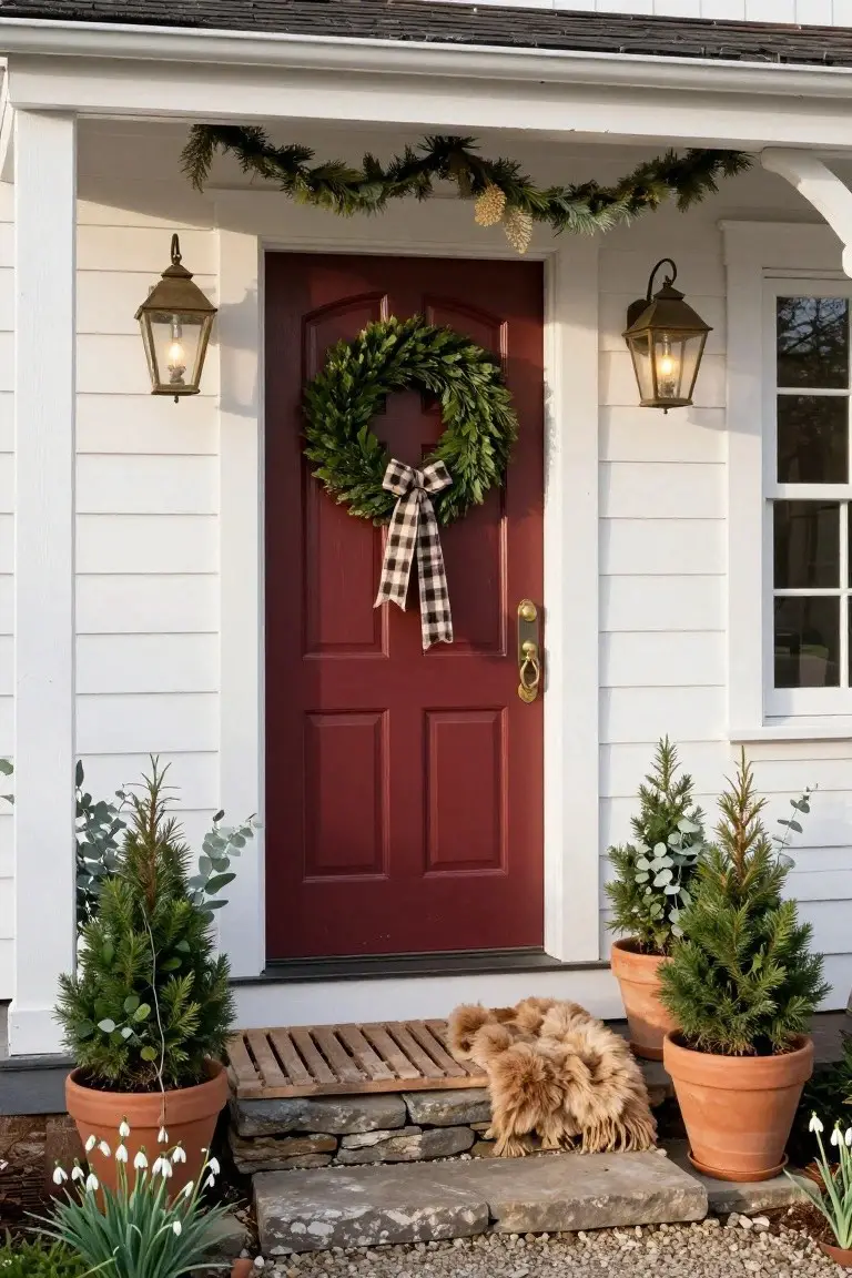 White clapboard house exterior featuring a red front door with a large evergreen wreath accented by a black-and-white plaid bow, flanked by brass lanterns, garland swag, potted small Christmas trees, snowdrops, and a light brown fur rug on stone steps.