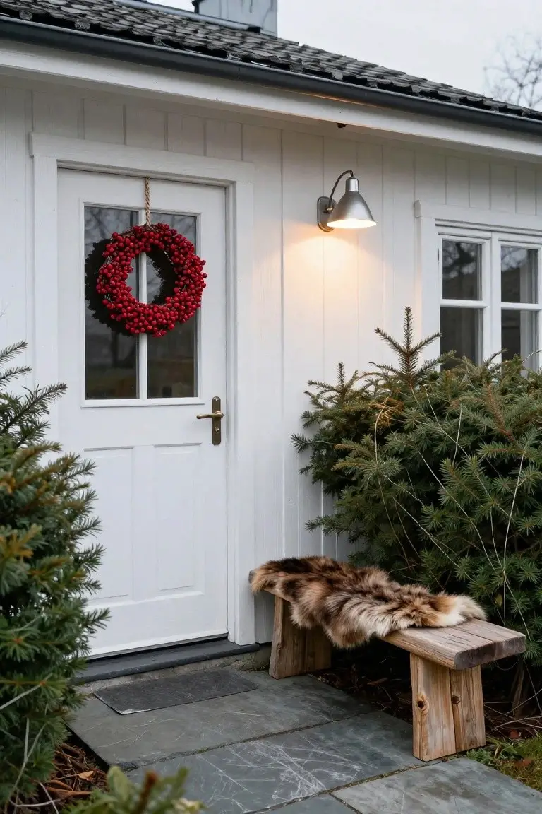 White paneled wooden front door of a house with a large red berry Christmas wreath hanging on it, a wall-mounted lamp lit above, fir trees on both sides, and a fur-draped wooden bench on a stone path in front.
