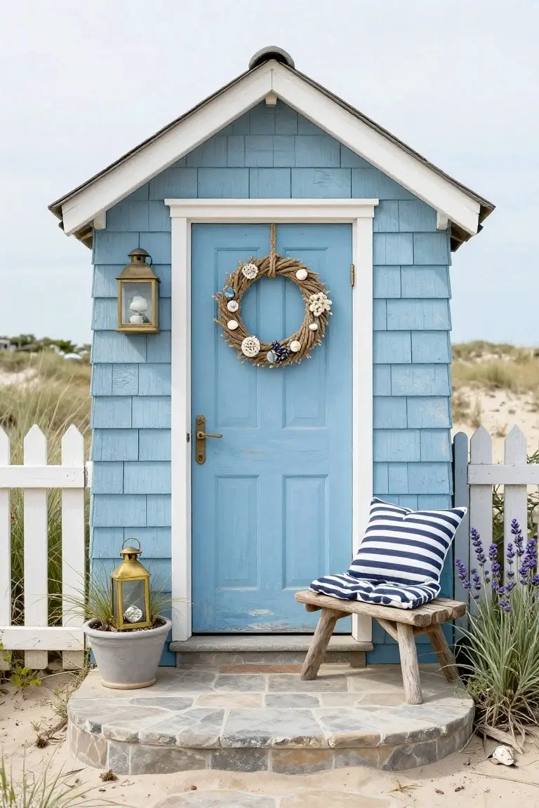 Blue shingled beach house exterior with white-trimmed turquoise door decorated by rope wreath with seashells, flanked by brass lanterns, potted plant, wooden stool with striped cushion, white picket fence, and dune grass in the foreground.