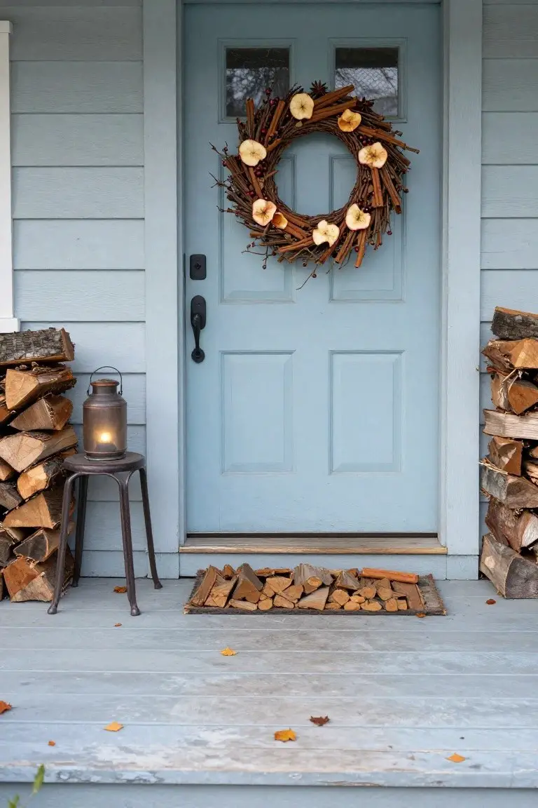 Blue front door on a porch decorated with a wreath of twigs, cinnamon sticks, dried apple slices, and berries, flanked by firewood stacks and a metal lantern on a stool.