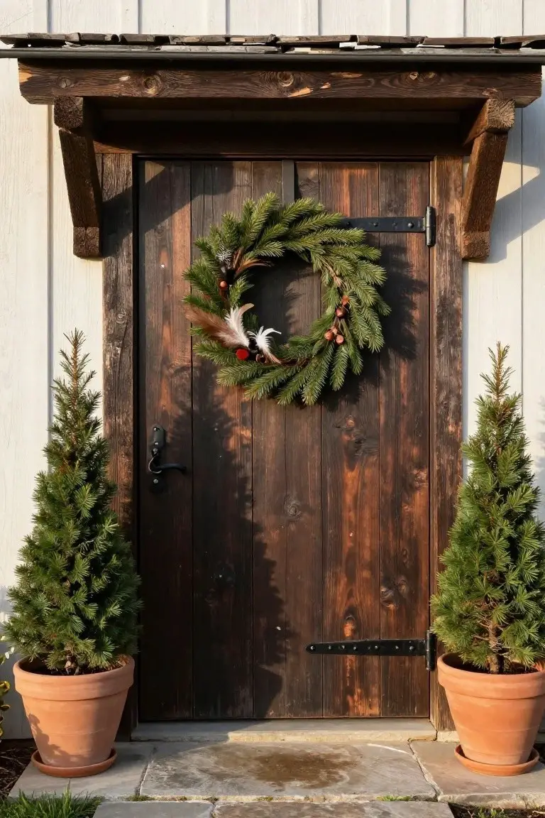 Dark wooden front door on a white barn-style building, decorated with a large evergreen Christmas wreath featuring feathers, red berries, and nuts, flanked by two small potted fir trees in terracotta pots.