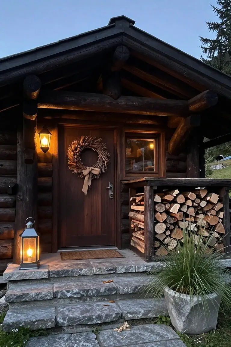 Log cabin front exterior with wheat stalk wreath and bow on wooden door, wall lantern and freestanding lantern lit, firewood stack, stone steps, and potted grass plant.