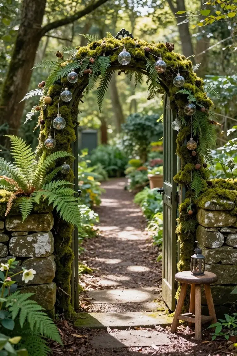 Green metal archway gate covered in moss, ferns, and garlands with hanging clear glass baubles filled with acorns, flanked by stone walls and plants along a garden path, with a lantern on a wooden stool nearby.