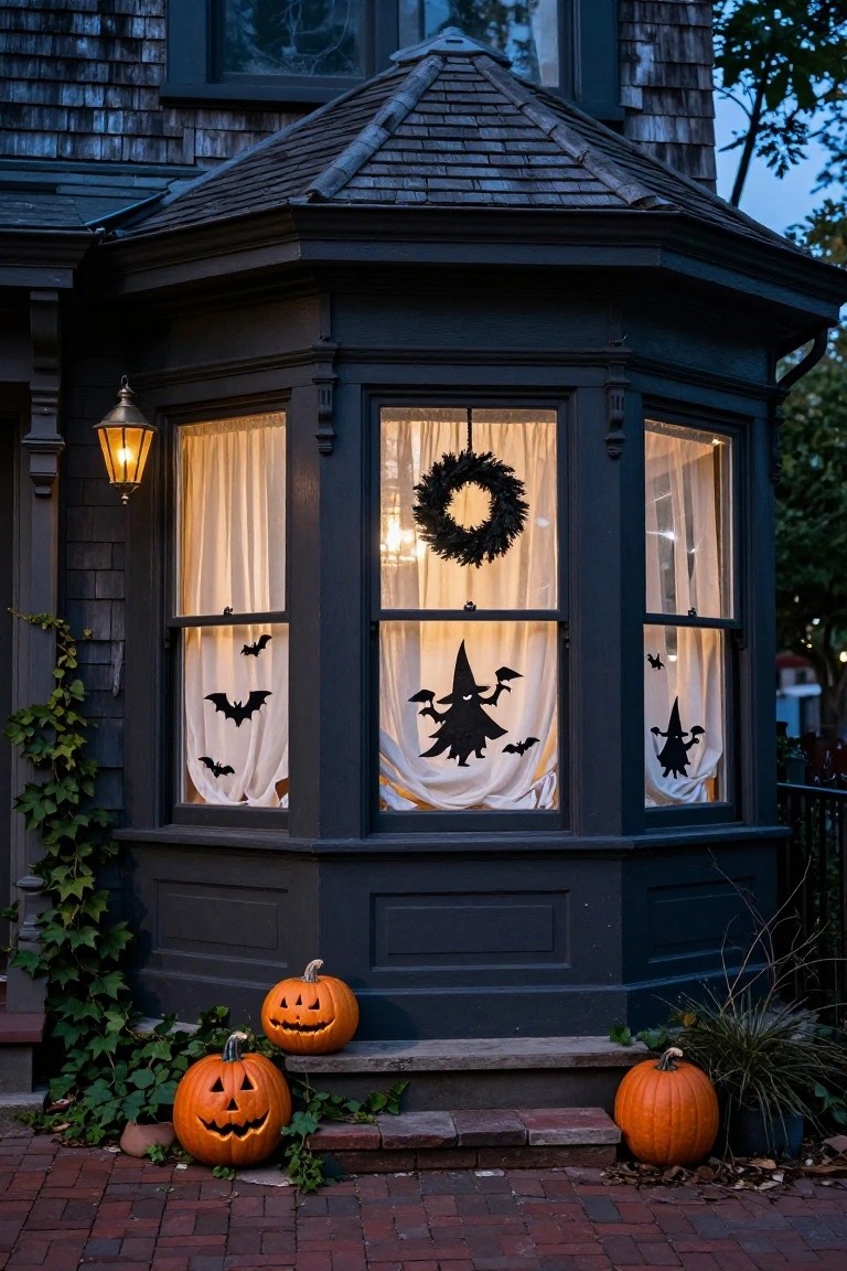 Green bay window on brick house exterior with carved pumpkin and lit candles inside behind parted lace curtains, ivy climbing the walls and fairy lights on black railing at dusk.