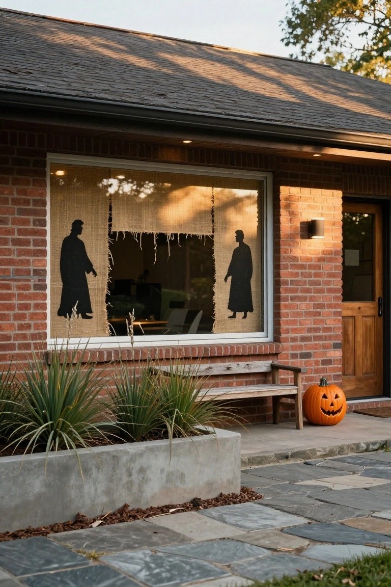 Wooden bay window on a house exterior featuring a mannequin in a dark suit and coat seated on a wicker chair inside behind sheer curtains and stained glass with a moon design, flanked by a stone planter holding a jack-o-lantern pumpkin and dark kale outside.
