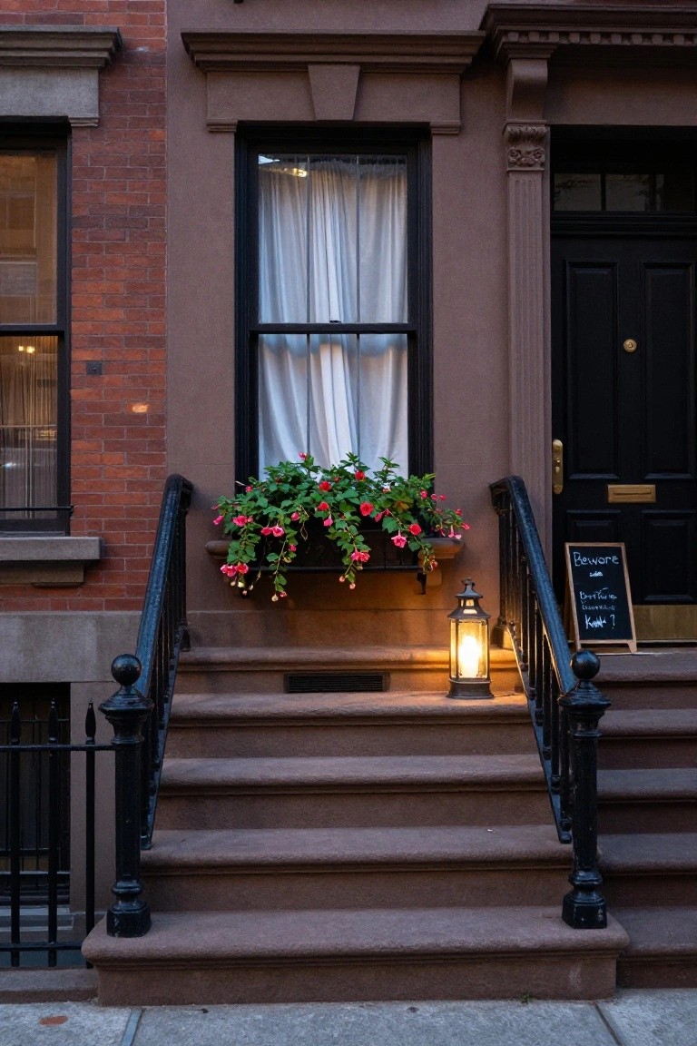 Gray shingled house exterior at dusk with open wooden shutters framing a double-sash window, sheer curtains inside illuminated by four candles on a stack of books on the windowsill, black metal witch silhouette attached to the right shutter, and small brass bells below the sill.