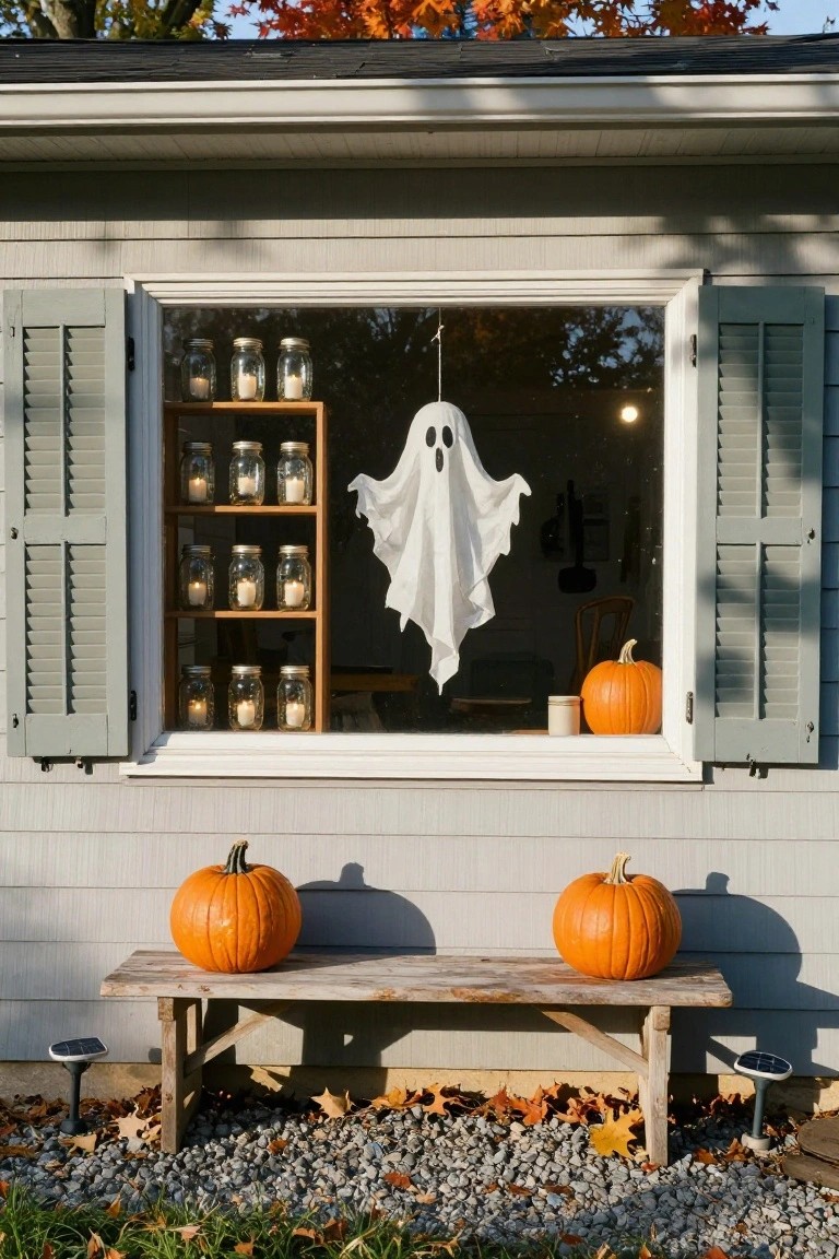 Garage window at dusk showing Halloween decorations inside including bookshelves filled with books, a fabric banner with black silhouette of a girl, a chair covered in torn white sheet, plastic spiders hanging from ceiling, a potted succulent, small round table with lit candle, and spider webs.