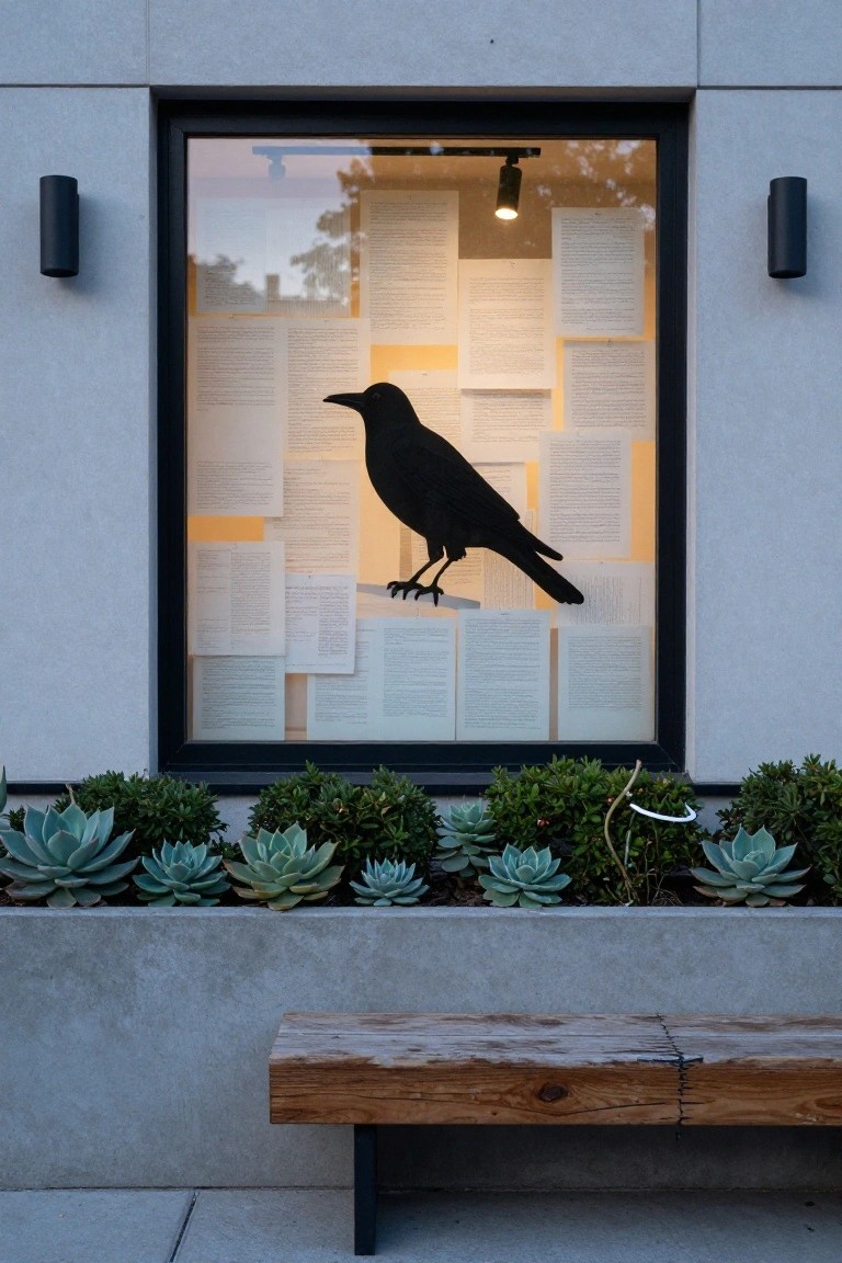 House window at dusk covered in black draped netting like spiderwebs, with a rocking horse silhouette inside lit by warm lights, candles on a wooden table outside, and a welcome sign propped nearby.