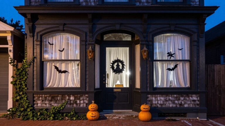 Green bay window on brick house exterior with carved pumpkin and lit candles inside behind parted lace curtains, ivy climbing the walls and fairy lights on black railing at dusk.