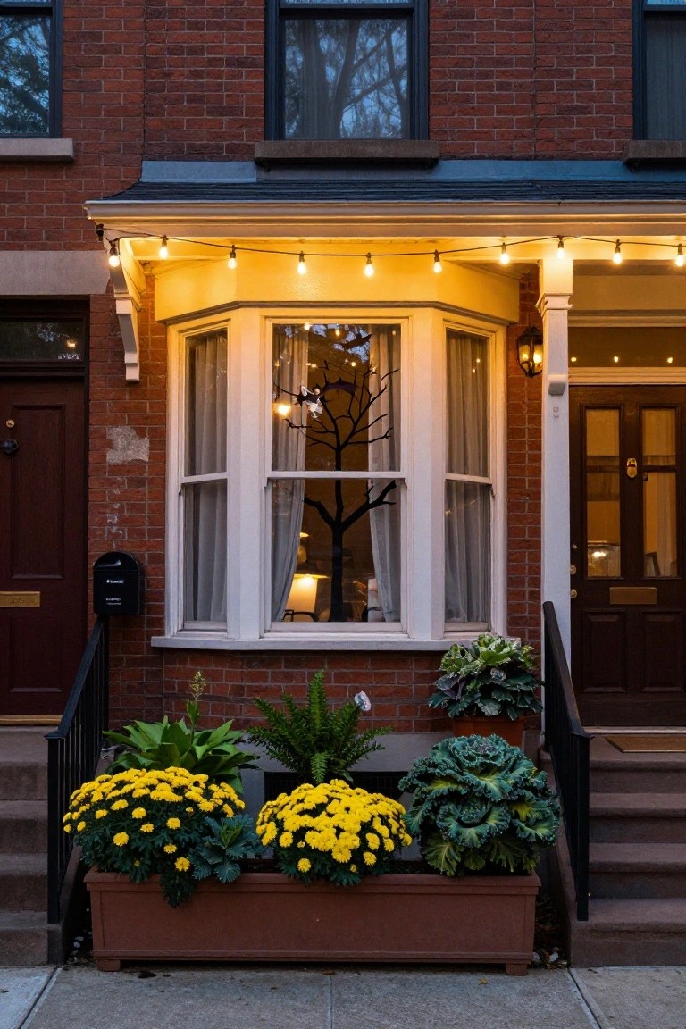 Gothic arched stone window on house exterior decorated with white plastic skull garland chains draped over the arches and additional skulls on the sill next to a black candle lantern, ivy and autumn leaves on the walls.