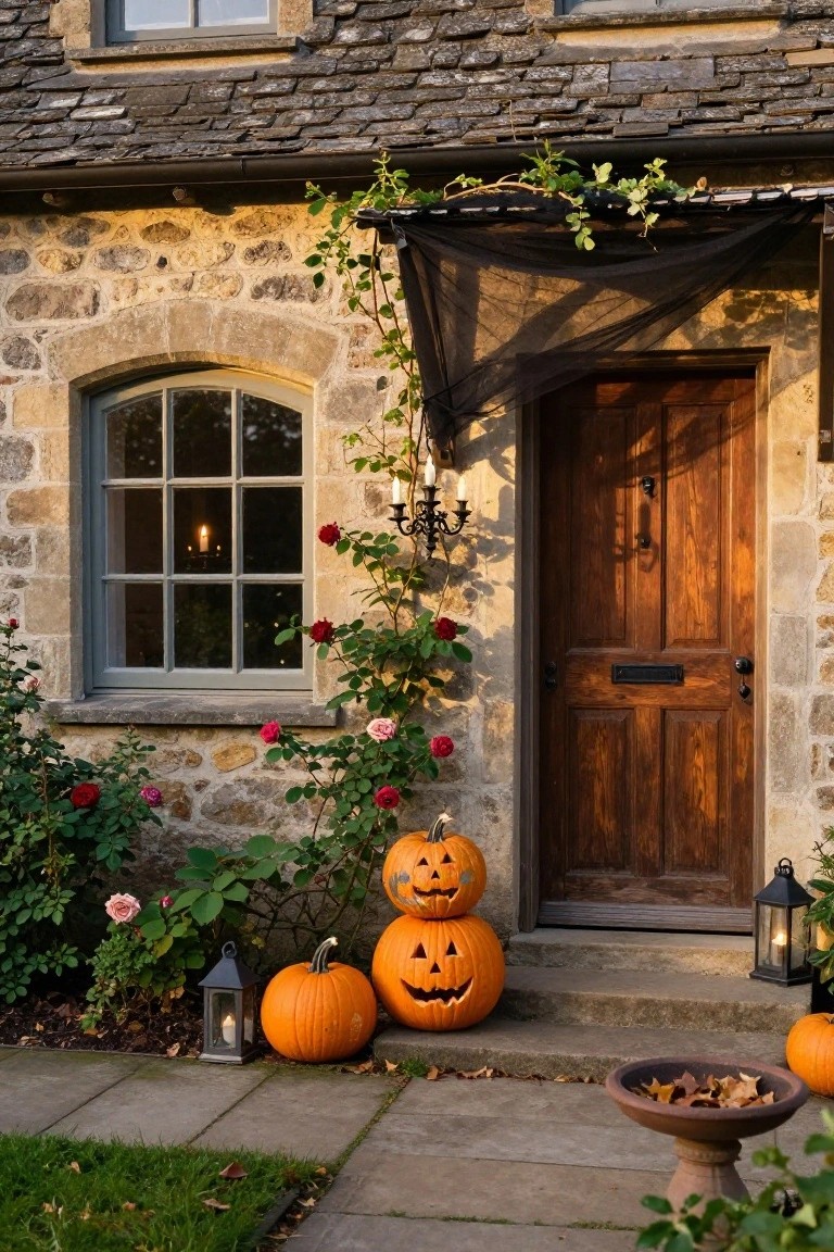 White three-pane house window decorated for Halloween with a twig wreath on the exterior, black bat silhouette inside left pane, white painted dripping skull ghost on middle pane, lit jack-o-lantern pumpkins on sills, sheer curtains, flanked by shutters and boxwood shrubs below.