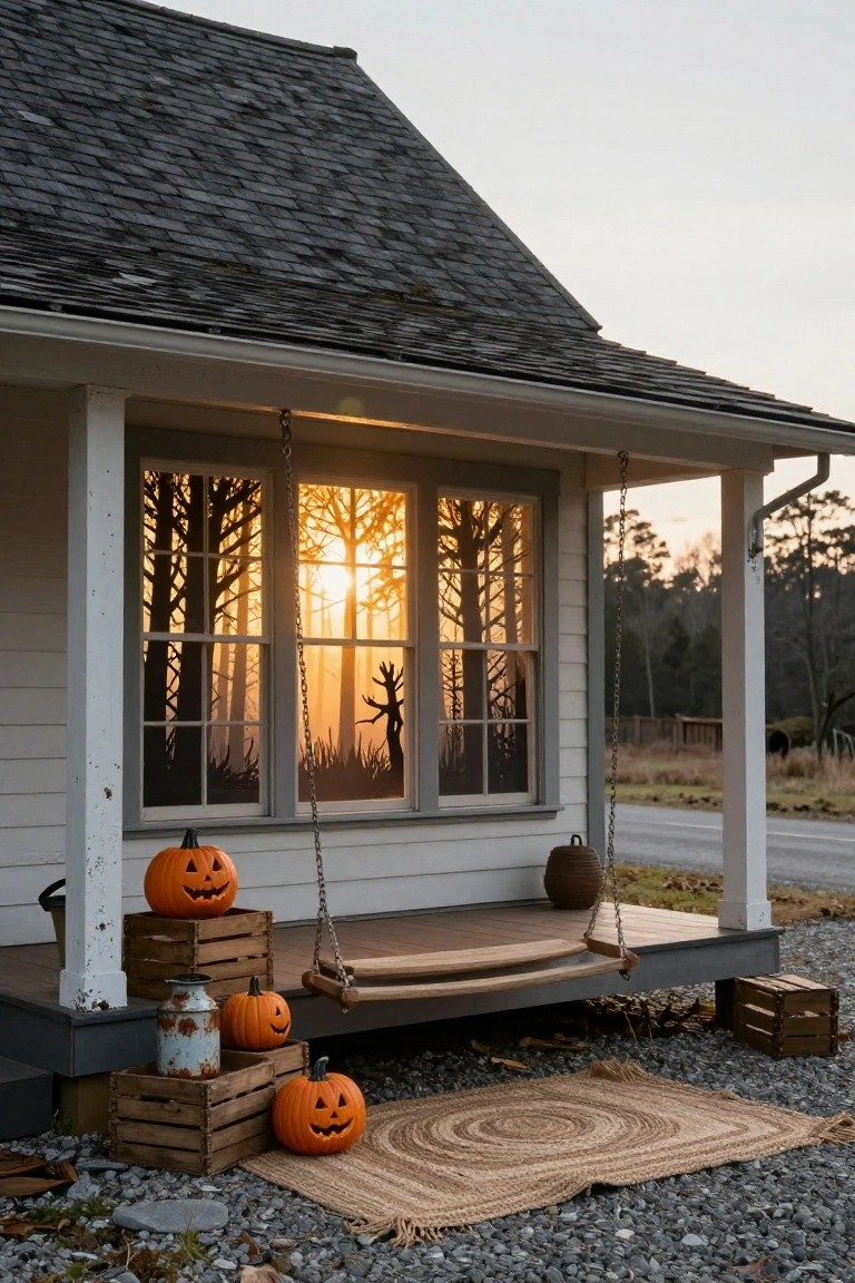Curved bay window on brick house exterior with sheer white curtains, hanging white paper cutout figures inside lit by lamp, velvet chaise lounge and side table on wet pavement outside in misty street.