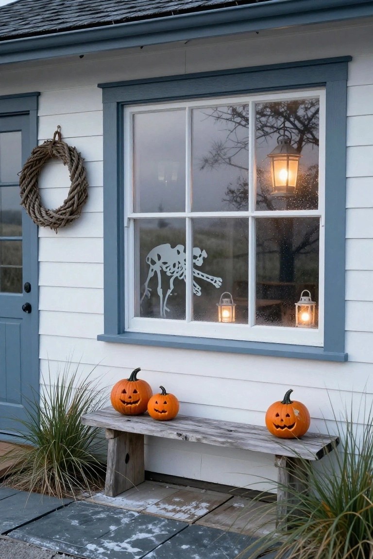 Interior of a cozy room with a window covered in sheer shades showing large hand shadows, orange string lights strung above, a potted fern on the sill, two candles on a wooden shelf below, books stacked nearby, and a red mailbox visible in the yard outside.