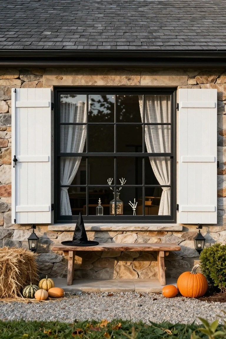 Modern white boxy house exterior at dusk with a large floor-to-ceiling window showing hanging black bat silhouettes, a lit four-arm candelabra, pampas grass in a concrete planter inside, and a metal witch figure standing outside on a concrete patio.