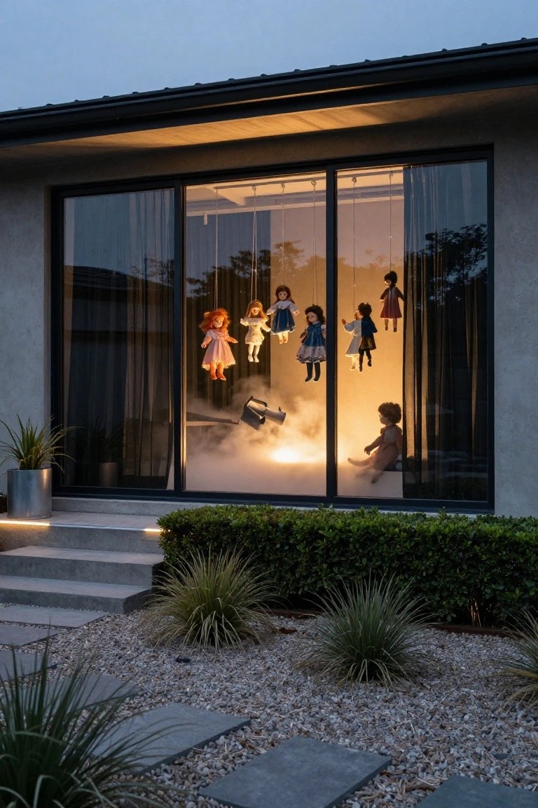 Arched wrought-iron window on beige stucco house exterior with silhouetted woman in wide hat behind partially open beige curtains, yellow lantern lights on sides, potted rosemary plants on sill, and tiled base.