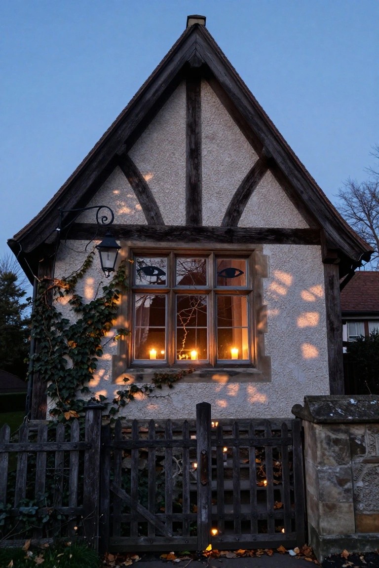 White shingled beach cottage at dusk with shutters open on a window showing a full skeleton inside lit by a hanging paper lantern, rusty anchor and hydrangea bushes on sandy ground nearby.