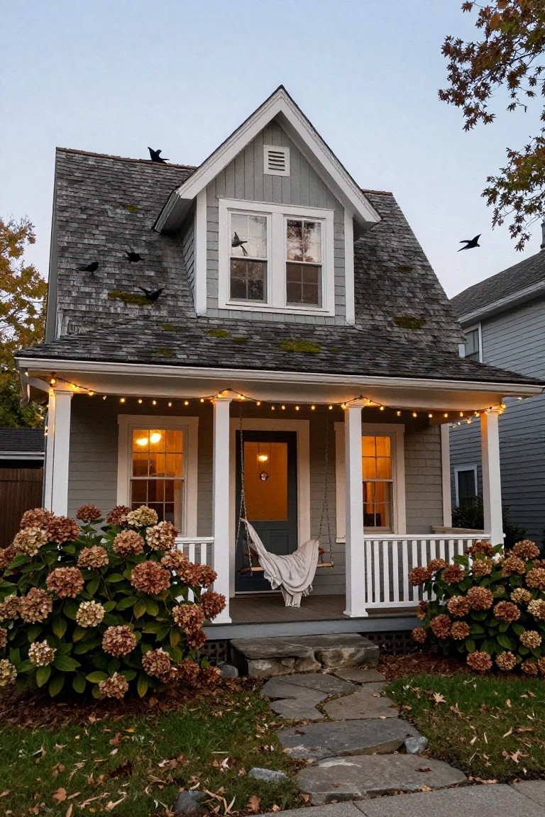 Gray clapboard house exterior at dusk with Halloween decorations including large googly eyes on windowpanes, black rose wreath on one window, black spider web on another, hay bales and pumpkins stacked by the porch steps, and burlap wrapped around a porch column.