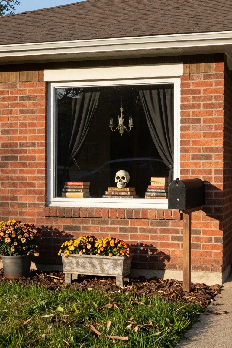 White-framed window on red brick house wall with sheer draped curtains, orange string lights above, lit candle in jar and autumn leaves on stone sill, shadowy figure visible inside against warm light.
